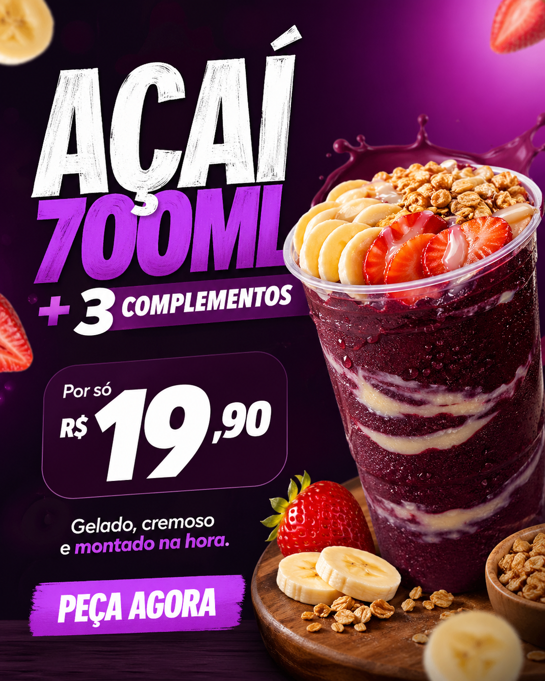Arte criada por aluna para açaí com oferta e composição visual forte