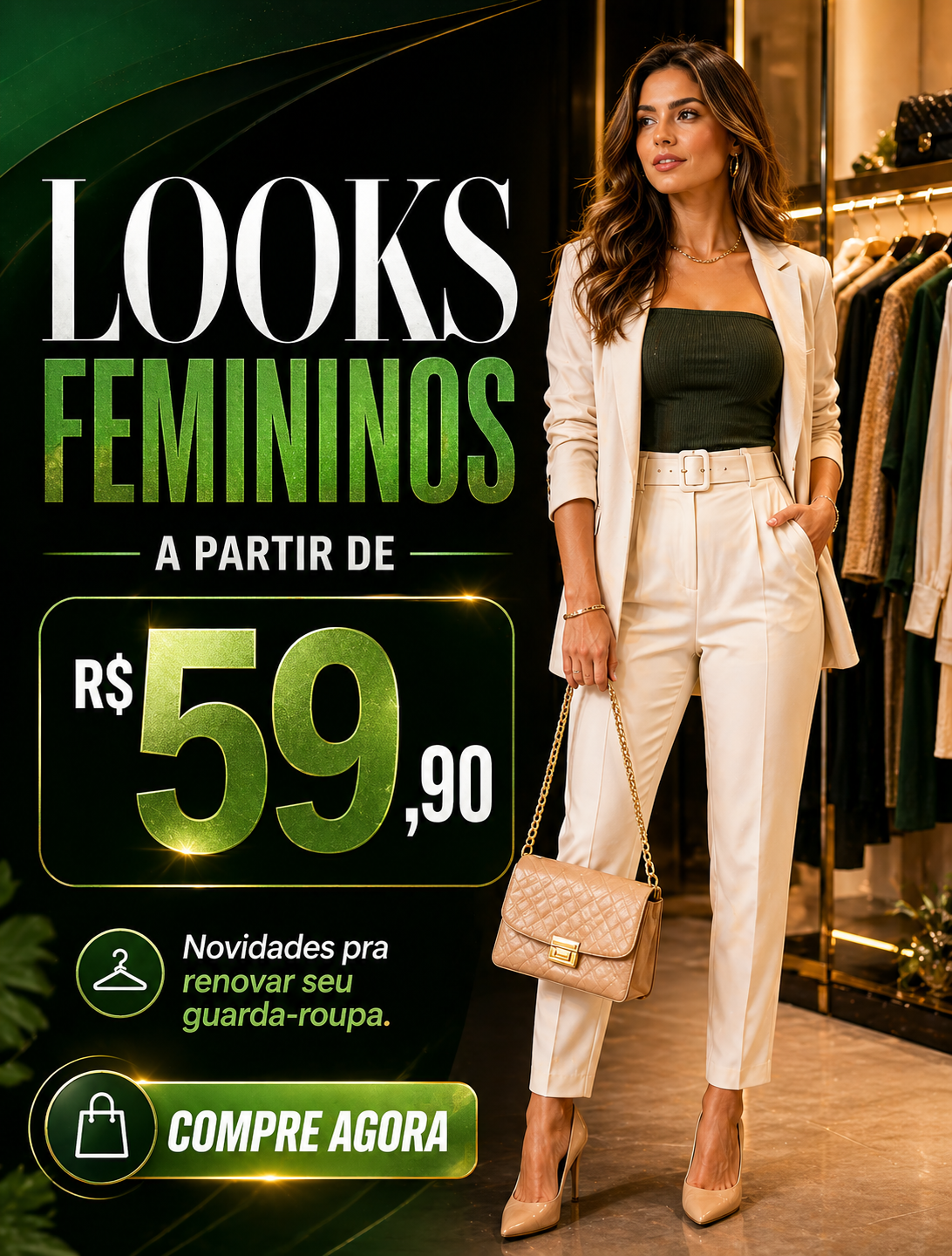 Arte criada por aluna para looks femininos com vitrine e preço